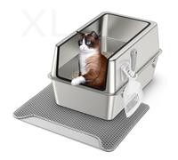 Caja de arena para gatos de acero inoxidable con tapa, caja de arena extra grande de metal extraíble de cara alta para gatos grandes, con pala de arena, alfombrilla de arena de doble capa, antifugas,