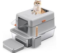 Caja de arena para gatos de acero inoxidable con tapa extraíble, 60 x 40 x 39 cm, 36 L, acero inoxidable, con pedal de doble filtro y pala, arenero para gatos, borde alto, cerrado, grande, fácil de