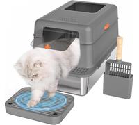 Caja de arena para gatos de acero inoxidable con tapa extraíble, 60 x 40 x 39 cm, 36 L, acero inoxidable, con pedal de doble filtro y pala, arenero para gatos, borde alto, cerrado, grande, fácil de