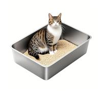 Caja de arena para gatos de acero inoxidable, tamaño XXL, metal para gatos grandes, sin tapa, 60 x 40 x 15 cm, inodora, inoxidable, a prueba de fugas