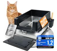 Caja de arena para gatos de acero inoxidable XXL, 70 x 50 cm, a prueba de fugas, Maine Coon, caja de arena XXL para gatos grandes, juego de pala, alfombrilla y escalón, inodoro, acero inoxidable con