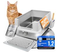 Caja de arena para gatos de acero inoxidable XXL, 70 x 50 cm, a prueba de fugas, Maine Coon, caja de arena XXL para gatos grandes, juego de pala, alfombrilla y escalón, inodoro, acero inoxidable con