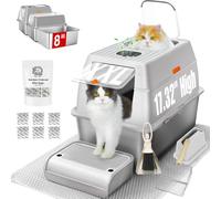Caja de arena XXL de acero inoxidable para gatos con tapa, bandeja base de 8 pulgadas, extra grande para gatos grandes, cuchara, escalón, tapete de arena, cepillo, antifugas, antiadherente, fácil de