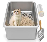 Caja de arena XXL de acero inoxidable para gatos grandes, caja de arena para gatos grandes, caja de arena de metal para pellets de madera de pino, sistema de bandeja de arena de tamiz extragrande