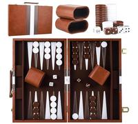 Caja de Backgammon de Madera, Juego de Backgammon de Viaje clásico para 2 Jugadores con Estuche de Cuero cubilete para campistas y viajeros.