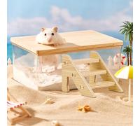 Caja de baño de Arena Hámster,Baño de Hámste,Contenedor Baño de Arena para Hámster,Baño Transparente Bañera Hámster con Tapa de Madera,hámster Pet baño para Hamster Sirio (Vasca quadrata+scala)