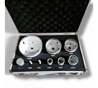 Caja de brocas de diamante para azulejos 9 piezas - Ø 6, 8, 20, 25, 35, 55, 68, 100 mm, Brazzed - Copa Pro Gres porcelánico, piedra, mármol, maletín de aluminio incluido
