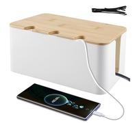 Caja de cables, caja de almacenamiento para cables con tapa de bambú, 23,5 x 12 x 11,5 cm, caja de gestión de cables, tres agujeros redondos, organizador de cables, cables de madera para cables,