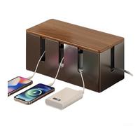Caja de cables para estación de trabajo con sección de carcasa de regleta de alimentación, tapa resistente al polvo y múltiples puertos de cable de entrada, construcción de madera de acero (negro)