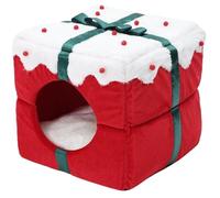 Caja de cama de gato de Navidad, caja de regalo de gato en forma de caja de navidad de 14 pulgadas con colchoneta de nido de gatito cálido de lujo, escondite con tumba de indias, camas de cueva para