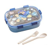 Caja de comida con 3 compartimentos, 1000 ml, apta para microondas, a prueba de fugas, con diseño de dibujos animados, para escuela, oficina, pícnic, verde, naranja, azul, morado (azul)