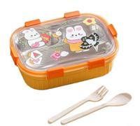 Caja de comida con 3 compartimentos, 1000 ml, apta para microondas, a prueba de fugas, con diseño de dibujos animados, para escuela, oficina, pícnic, verde, naranja, azul, morado (naranja)