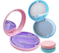 Caja de Dentaduras,2 PC Caja de Aparatos Ortopédicos Portátil Caja de Dentaduras Caja de Bandeja de Dentaduras con Espejo para Rtenedores,Soportes,Protectores Bucales(Azul y Rosa）
