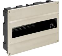 Caja de distribución de 277x188x55 mm, apta para hasta 14 elementos, tornillos y precintable. Color marfil. Diseño para empotrar.