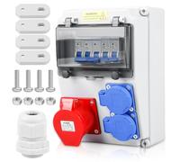 Caja de distribución, distribuidor de corriente para obra, distribuidor de pared, con interruptor automático, 2 tomas Schuko y CEE 16A, distribuidor de corriente impermeable, completamente