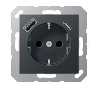 Jung A1520-15CAANM - Enchufes Pared, Toma de Corriente Schuko con USB Tipo AC (máx. 3 A) con Mayor Protección Táctil (Termoplástico Irrompible), Color Antracita Mate