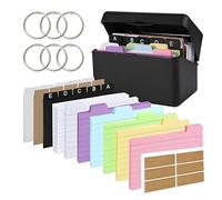 Caja de fichas negra, 15 x 9,5 x 8,5 cm, 230 fichas multicolor a rayas, 15 registros, 6 anillos, 6 pegatinas, para aprender sobre viajes, notas, material escolar, oficina, hogar