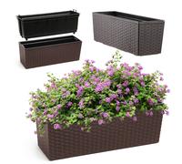 KADAX Jardinera de plástico, 18,5 x 56 cm, jardinera con inserto, resistente a la intemperie, jardinera rectangular para exteriores, diseño de ratán, color marrón