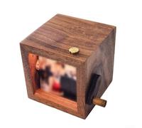 Caja de fotos abatible de madera con giro de fotos activado por manivela e iluminación LED ajustable, soporta 8 o 16 arreglos de imagen personalizados (nogal negro, 24 piezas)