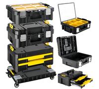 Caja de Herramienta 4 en 1, Carro Modular de Apilamiento con Ruedas, Cajones y Cierres de metal, Organizador de Taller para garaje y hogar, Carga 203kg, 44,5 x 35 x 52 cm