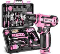 Caja de Herramientas Completa 133PCS - DEKO Caja Herramientas Rosa,para Reparaciones Domésticas y Bricolaje, con Taladro Atornillador Eléctrico 12V para Perforar y Apretar/Aflojar Tornillos