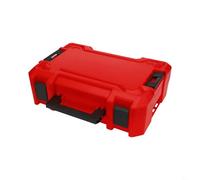 Caja de herramientas de plástico con diseño de hebilla de bloqueo para almacenamiento organizado de herramientas, espacio utilizable maximizado, nivel de burbuja de inclinación panorámica, rojo