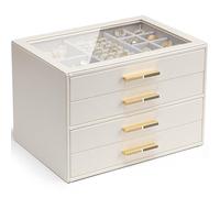 Caja de joyería blanca Vlando con tapa de cristal, organizador de joyas de 4 niveles, almacenamiento de joyas con 4 cajones para relojes, gafas de sol, regalo para mujer, para anillo, collar