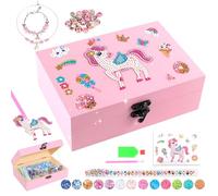 Caja de joyería de madera PinkSheep para bricolaje para niñas de 6 a 12 años, kits de manualidades con collar y pulsera, cinta de diamantes, caja de pintura de diamantes, set de cofre del tesoro