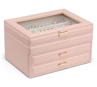 Caja de joyería Organizador de joyas con ventana transparente, caja de almacenamiento de joyas de cuero de tres capas, estuche multifuncional for mujeres y niñas Pulseras Anillos