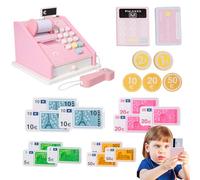 Caja de juguetes de madera, registro para niños Efectivo de dinero por dinero | Colorful Cash Register juega dinero con escáner y tarjeta de crédito, juguete cajero para niños