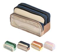 Caja de lápices de gran capacidad con 3 compartimentos con cremallera, bolsa de almacenamiento para artículos de papelería para mujeres y niñas (rosa), Café azul tibetano, moda