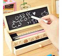 Caja de lápices retro de madera de calidad 1 unidad de doble capa con pequeña pizarra para estudiantes, niñas y niños