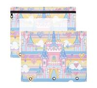 Caja de lápices transparente con 3 agujeros para cartas de papel A4, paquete de 2 suministros de arte para profesores, diseño de dibujos animados, castillo de cuento de hadas colorido