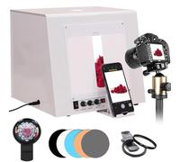 Caja de luz portátil para estudio fotográfico, softbox regulable para fotografía de joyas con plato giratorio eléctrico, soporte para colgar, 4 luces LED y 5 fondos, para fotografía y vídeo TB20