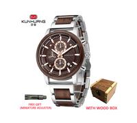 (Caja de madera BN plateada) Relojes de madera KUNHUANG Reloj retro de cuarzo de madera multifunción