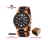 (Caja de madera marrón negra) Relojes de madera para hombre Reloj de madera multifunción luminoso de