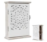 Caja de Madera para Llaves de Pared, Guarda llaves pared con 6 Ganchos, 26 x 20 x 6 cm Vintage Caja de Llaves Madera Decorativa, Patrón de Margaritas, para Hogar, Recibidor, Armario (Blanco vintage)