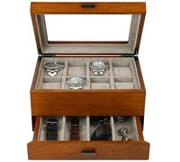 Caja de madera para relojes con cajón Valet - Vitrina de madera maciza para relojes de hombre grandes | cómoda organizador con almacenamiento para joyas, gafas de sol y correa de reloj