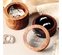 Caja de madera personalizada for anillos de compromiso, joyero redondo de nogal con ranuras dobles, tapa transparente, ideal for propuestas de matrimonio.
