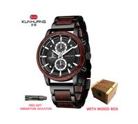 (Caja de madera roja negra) Relojes de madera KUNHUANG Reloj retro de cuarzo de madera multifunción