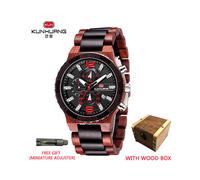 (Caja de madera roja negra) Relojes de madera para hombre, reloj de madera multifunción luminoso de