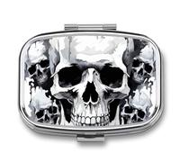Caja de medicina de viaje portátil, joyero de viaje, lindo diseño de calavera blanca y gris, pastillero rectangular impreso aplicable para tabletas, cápsulas, dulces, joyas, tapones para los oídos