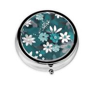 Caja de medicina pequeña Florala de tres compartimentos color verde azulado y blanco que se puede colocar en tu bolsillo o bolso y puede almacenar vitaminas.