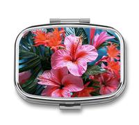Caja de medicina portátil de viaje, joyero de viaje diario con flores rosas, plantas tropicales, pastillero rectangular aplicable para tabletas, píldoras, cápsulas, dulces, joyas, tapones para los