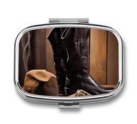 Caja de medicina portátil de viaje, joyero de viaje, lindo sombrero negro, botas occidentales, rectángulo, pastillero, aplicable para tabletas, cápsulas, dulces, joyas, tapones para los oídos