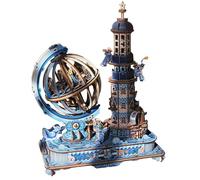 Caja de melodías de globo 3D rompecabezas de madera para adultos, más de 350 piezas, kit de modelo de faro y escena del océano, decoración de escritorio náutica retro con mecanismo de música, regalo