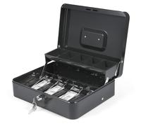 Caja de metal para efectivo con cerradura, caja de efectivo para pequeñas empresas, bandeja de monedas en voladizo de 5 compartimentos y 4 ranuras para billetes con clips de