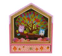 Caja de música / caja musical animada de madera cubierta de papel decorado con búhos en un columpio y mecanismo musical de resorte de 18 notas - El vals de las flores (P. I. Tchaikovski)