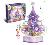 Caja de música con Bloques de construcción para árbol de Navidad, Juguete Giratorio de Cristal de 675/729 Piezas con luz LED, Regalo navideño para decoración del hogar para niños y Adultos Purple