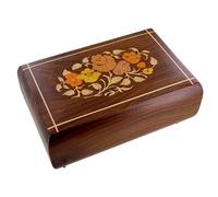 Caja de música para joyas / joyero musical de madera maciza con bailarina, marquetería flores, espejo y mecanismo musical de resorte de 18 notas - El lago de los cisnes (P. I. Chaikovski)